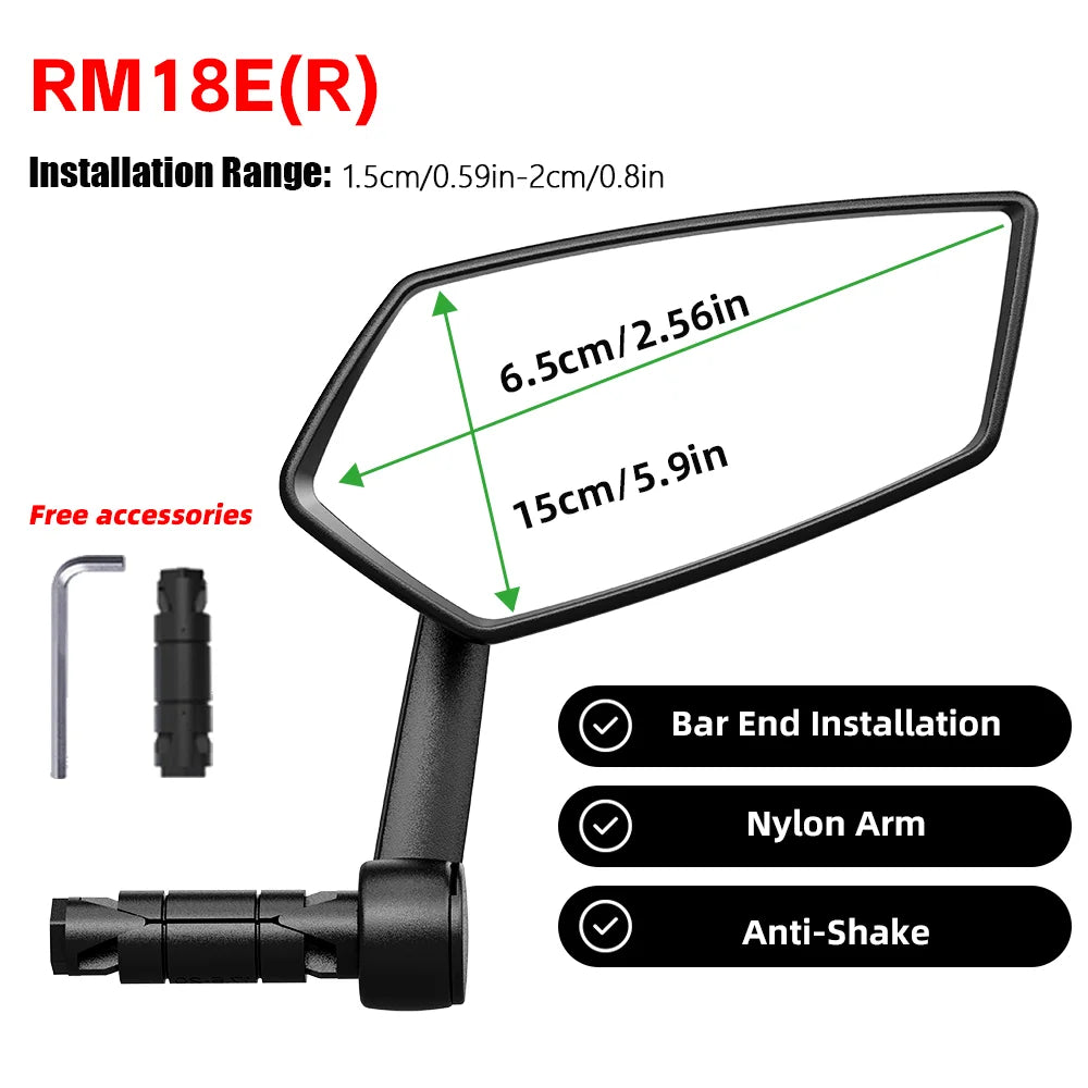 Black RBRL bicycle mirror with angled rectangular glass, extended nylon arm, and bar-end mounting hardware.