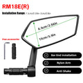 Black RBRL bicycle mirror with angled rectangular glass, extended nylon arm, and bar-end mounting hardware.