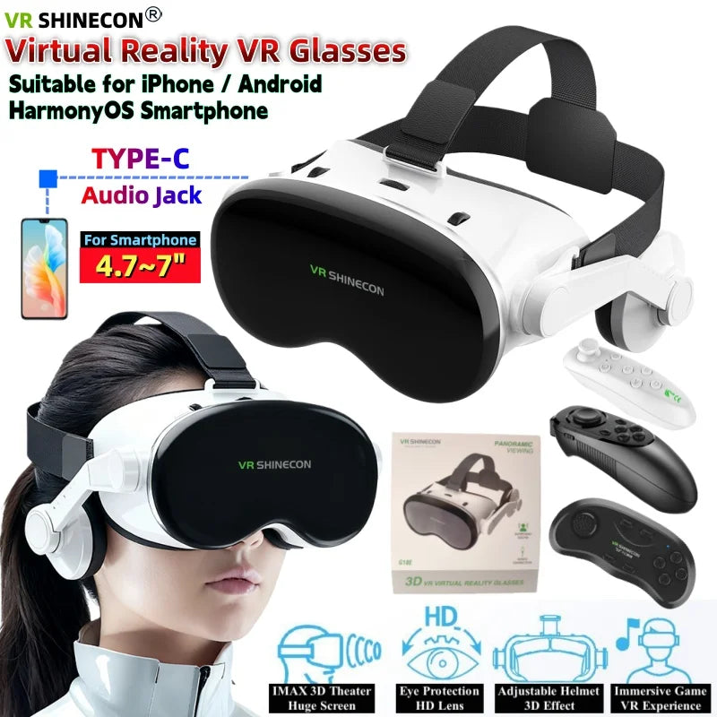 White and black VR headset with built-in headphones and adjustable straps, shown with game controllers.
