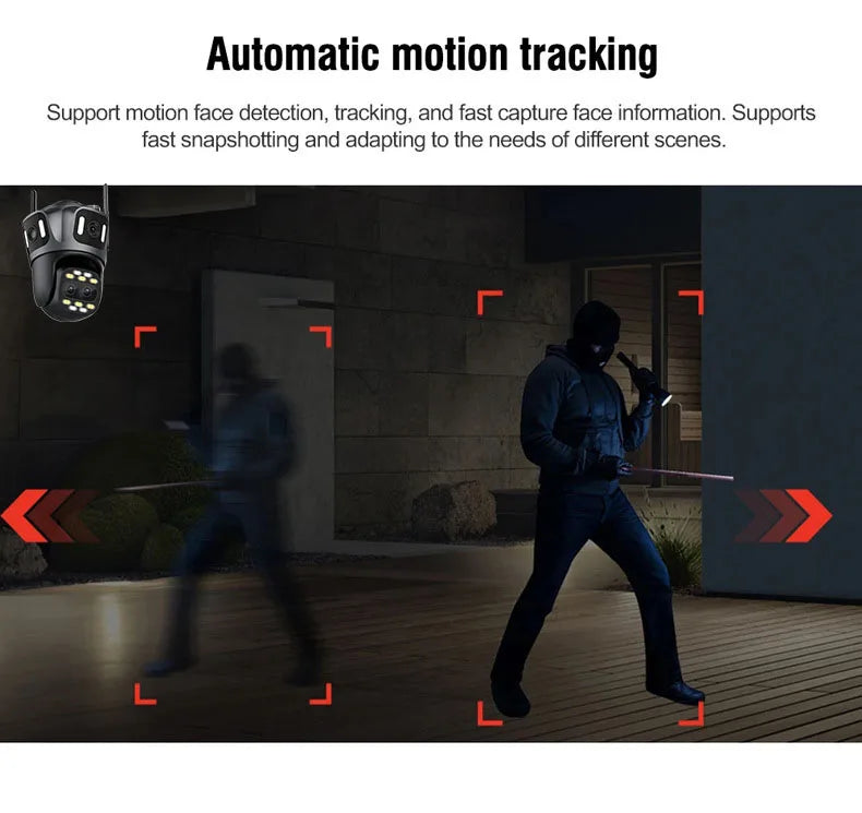 Black quad-lens outdoor security camera, demonstrating automatic motion tracking of a person at night.