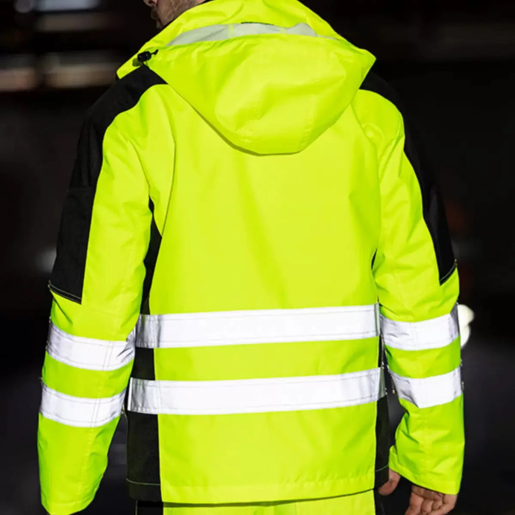 Rear view of a hi-vis yellow and black waterproof jacket with reflective stripes and an integrated hood.