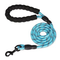 Blue heavy-duty reflective rope dog leash with a black padded foam handle and a secure metal clip.