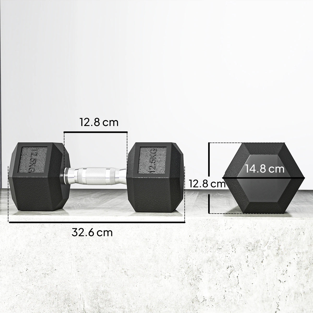 Two black rubber 12.5kg hex dumbbells with contoured silver handles, showing dimensions of 32.6cm length.