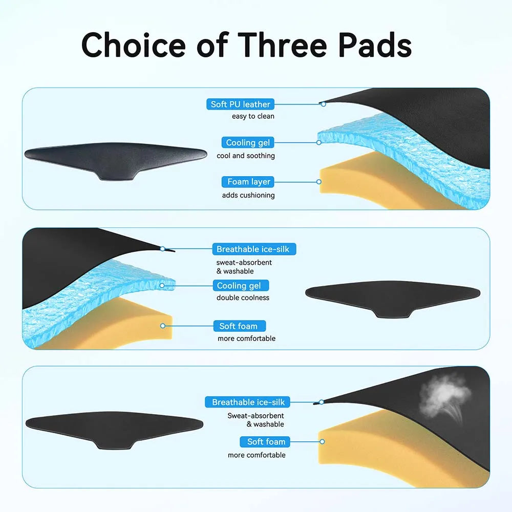 AMVR comfort kit showing three VR pad layers: PU leather with cooling gel and foam, ice-silk with gel, and ice-silk with foam.
