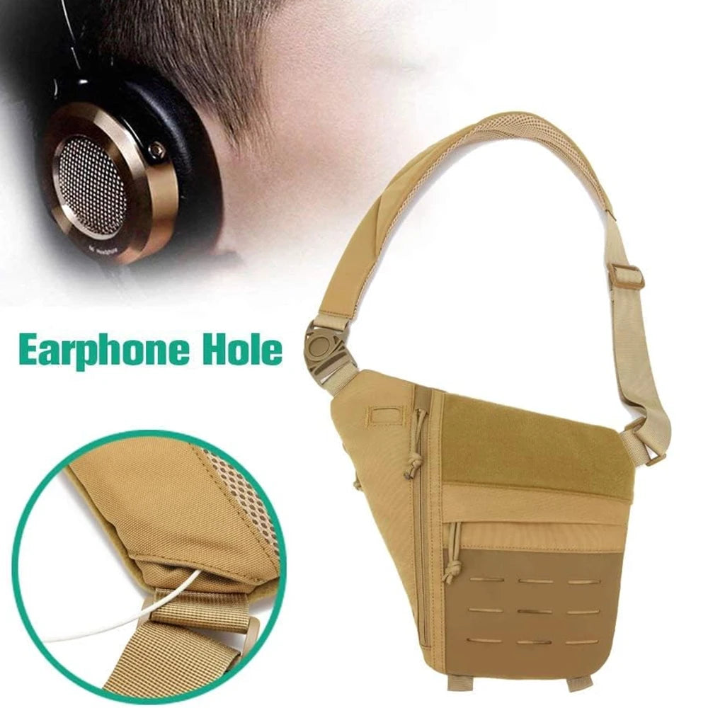 Tan tactical crossbody sling bag featuring multiple zip pockets, MOLLE-style webbing, and a built-in earphone hole.