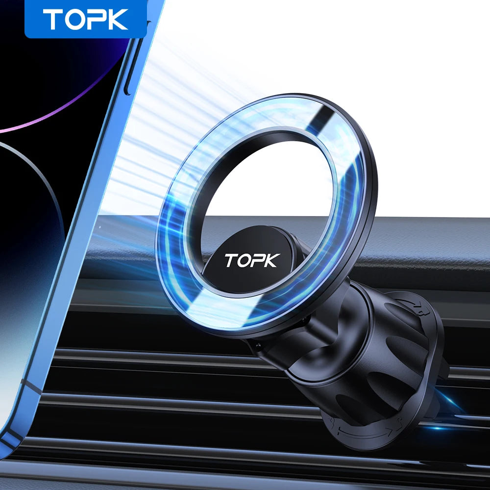 Black magnetic car phone mount for air vents, featuring a circular design with a glowing blue light ring.