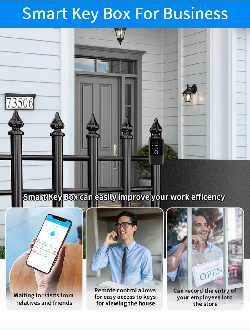 Black smart key lock box with keypad, mounted on a black metal fence, controlled via smartphone app.