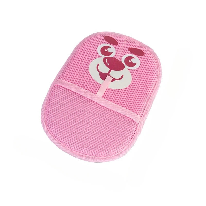 Pink oval bath mitt for children with a cute cartoon bear face design on a mesh texture.