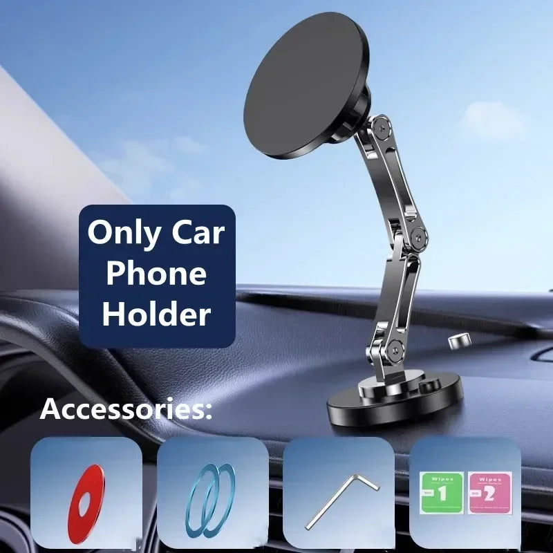 Black magnetic car phone holder with an adjustable, foldable silver metal arm mounted on a car dashboard.