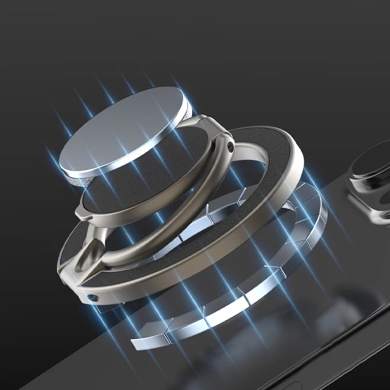 Metallic magnetic ring phone holder in silver with a foldable, sleek design, shown attached to a smartphone.