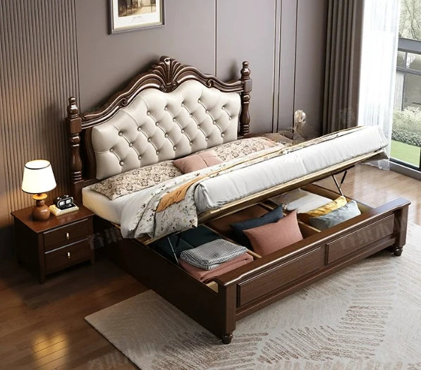 Retro dark wood double bed frame with cream button-tufted headboard and lift-up storage base.