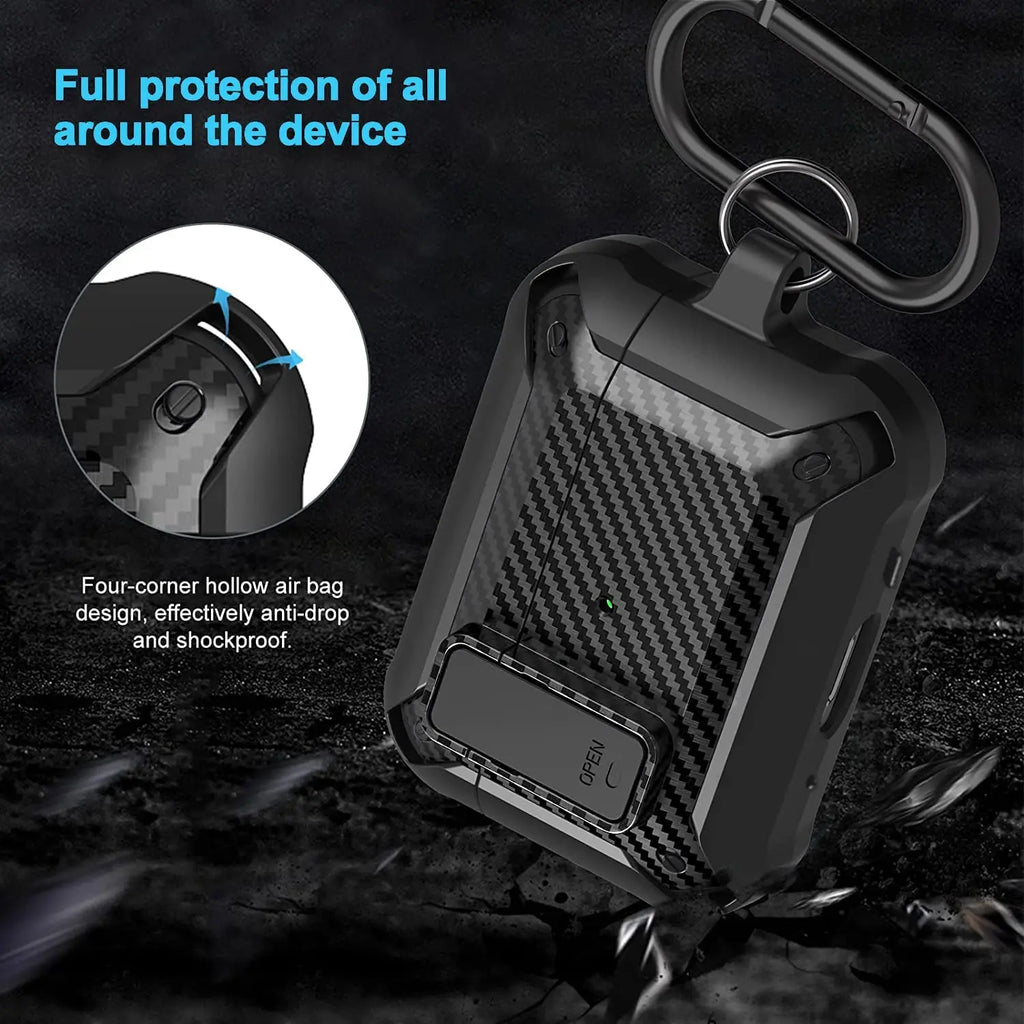 Black carbon fibre style shockproof AirPods case with carabiner clip and secure locking mechanism.