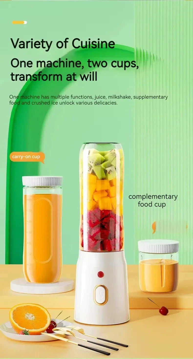 White portable blender set with two interchangeable cups on a yellow background, filled with chopped fruit and juice.