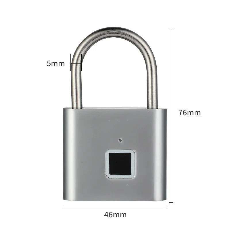 Silver metal padlock with a square fingerprint scanner, showing height and width measurements in millimeters.