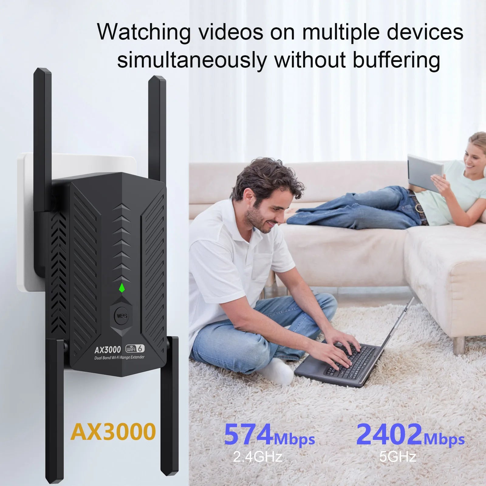 Black WiFi 6 range extender with four external antennas plugged into a wall outlet, boosting home internet speed.