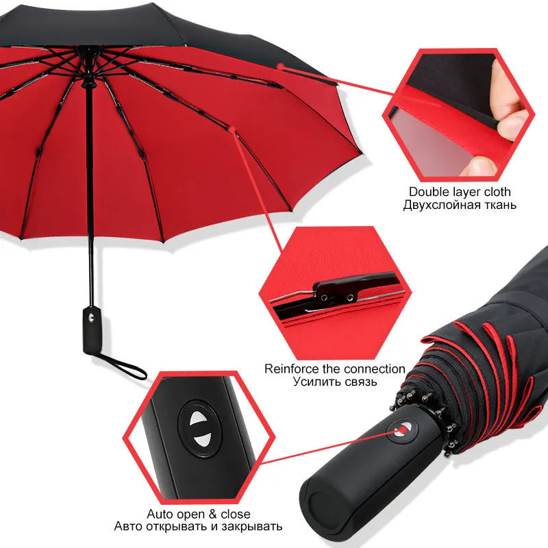 Black and red folding umbrella featuring double-layer fabric and an auto-open button.