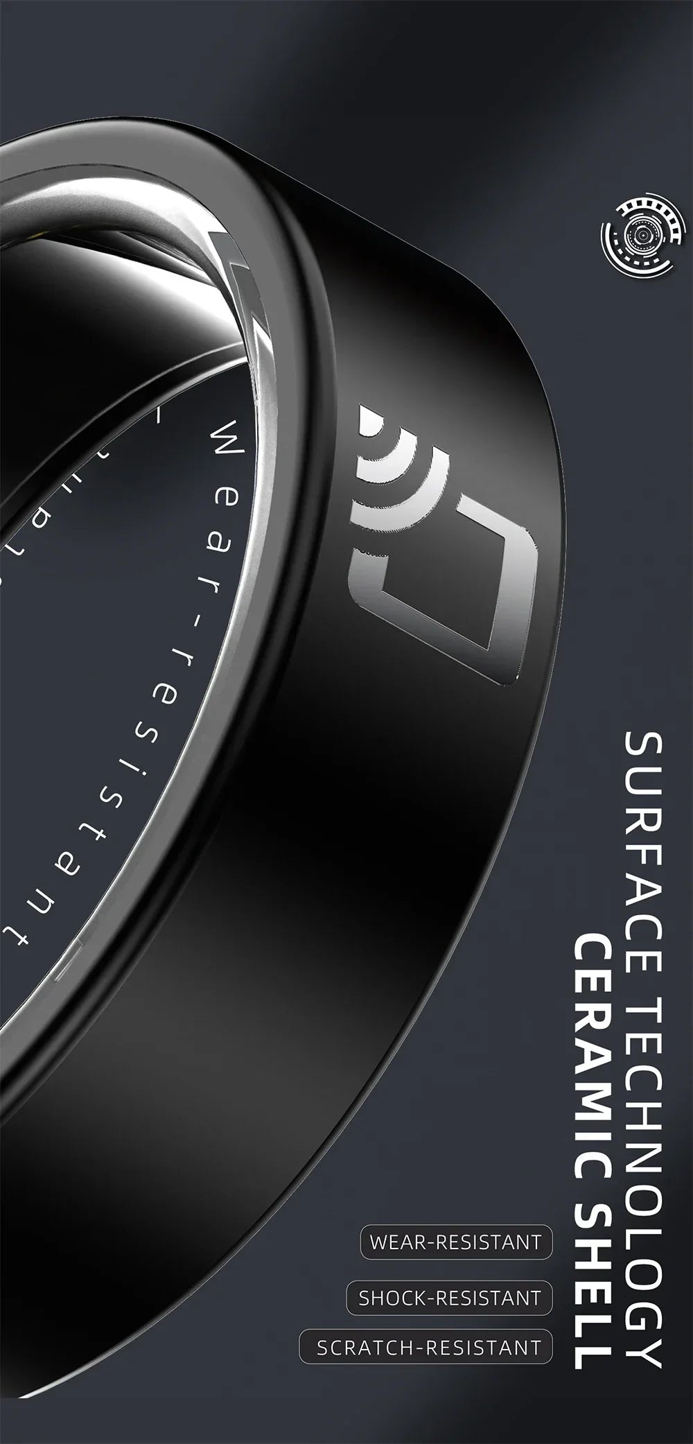 Sleek, black, scratch-resistant ceramic smart ring with an NFC icon, highlighting its durable, tech-focused design.