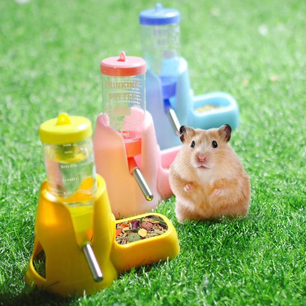 A hamster stands near colorful, plastic 2-in-1 water dispensers and food bowls on green grass.