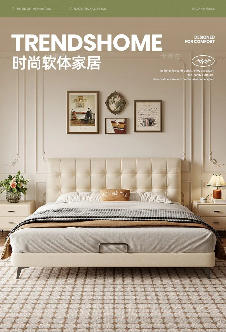 Minimalist cream storage bed with a tufted, upholstered headboard and low-profile frame in a modern bedroom setting.