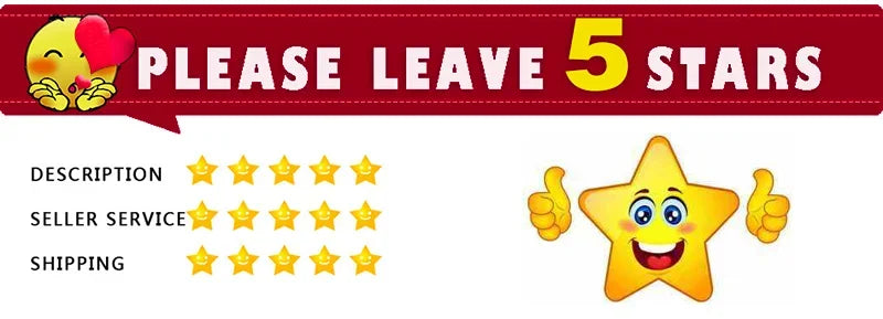 Feedback request graphic with red banner, 5-star rating icons, and a happy star character giving a thumbs up.