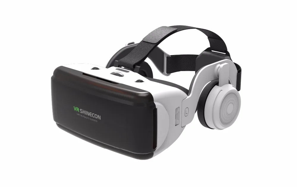 Black and white VR headset for smartphones, featuring integrated headphones and an adjustable head strap.