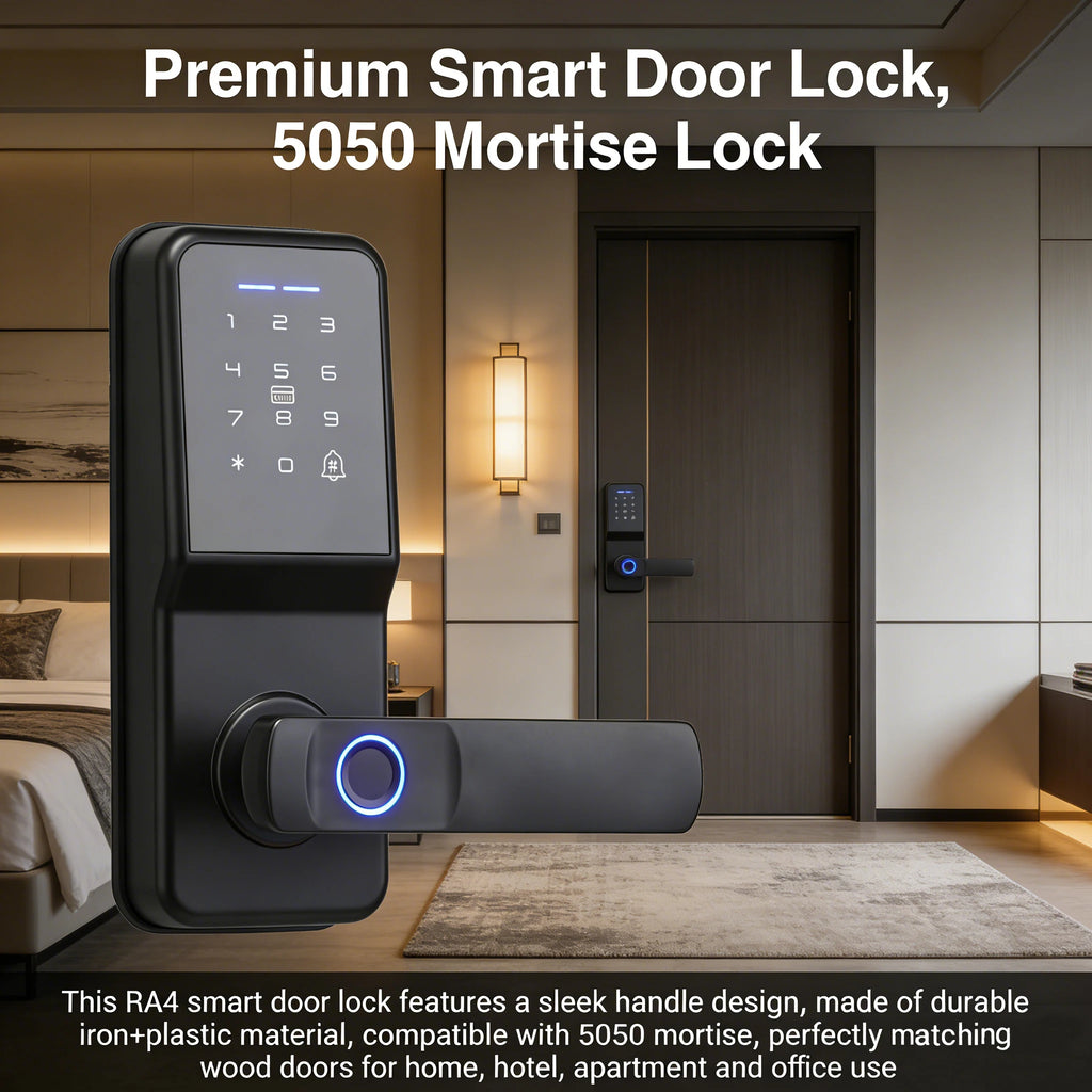 Black iron and plastic smart door lock with a digital keypad and fingerprint-scanner handle on a wooden door.