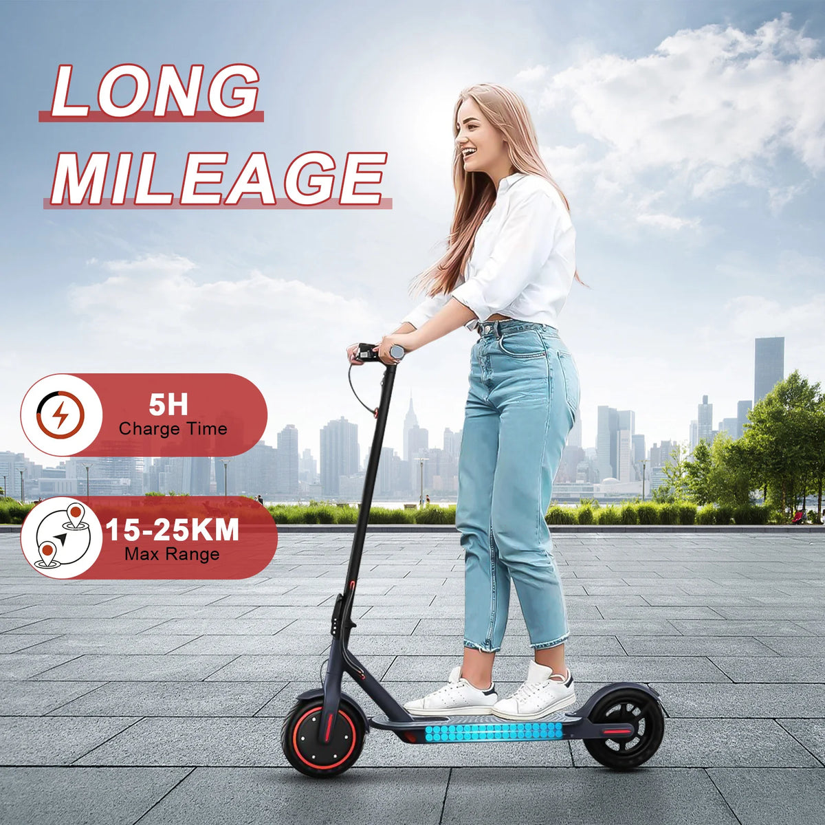 AOVOPRO black electric scooter with 8.5-inch wheels and blue side lights, ridden by a woman against a city skyline.