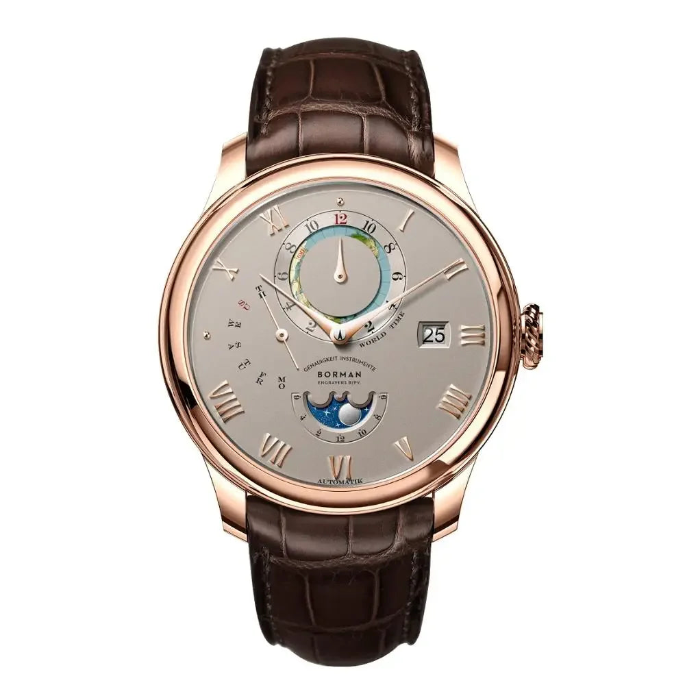 Men's rose gold mechanical watch with a grey dial, moon phase sub-dial, world time feature, and brown leather strap.