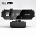 Black, sleek, rectangular webcam with autofocus, integrated microphone, and a privacy cover slider.