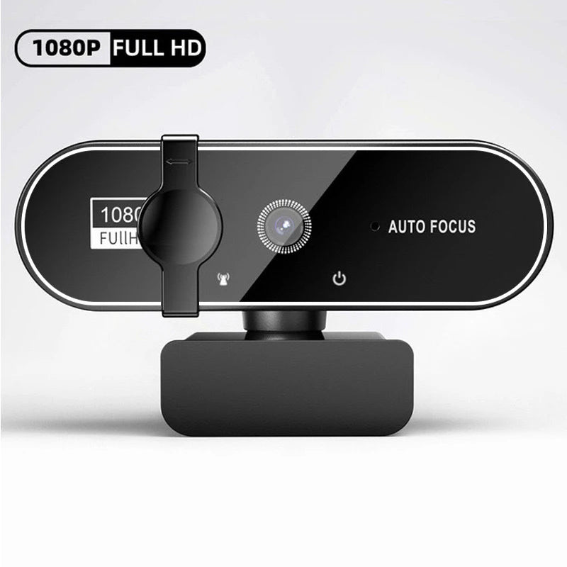 Black, sleek, rectangular webcam with autofocus, integrated microphone, and a privacy cover slider.
