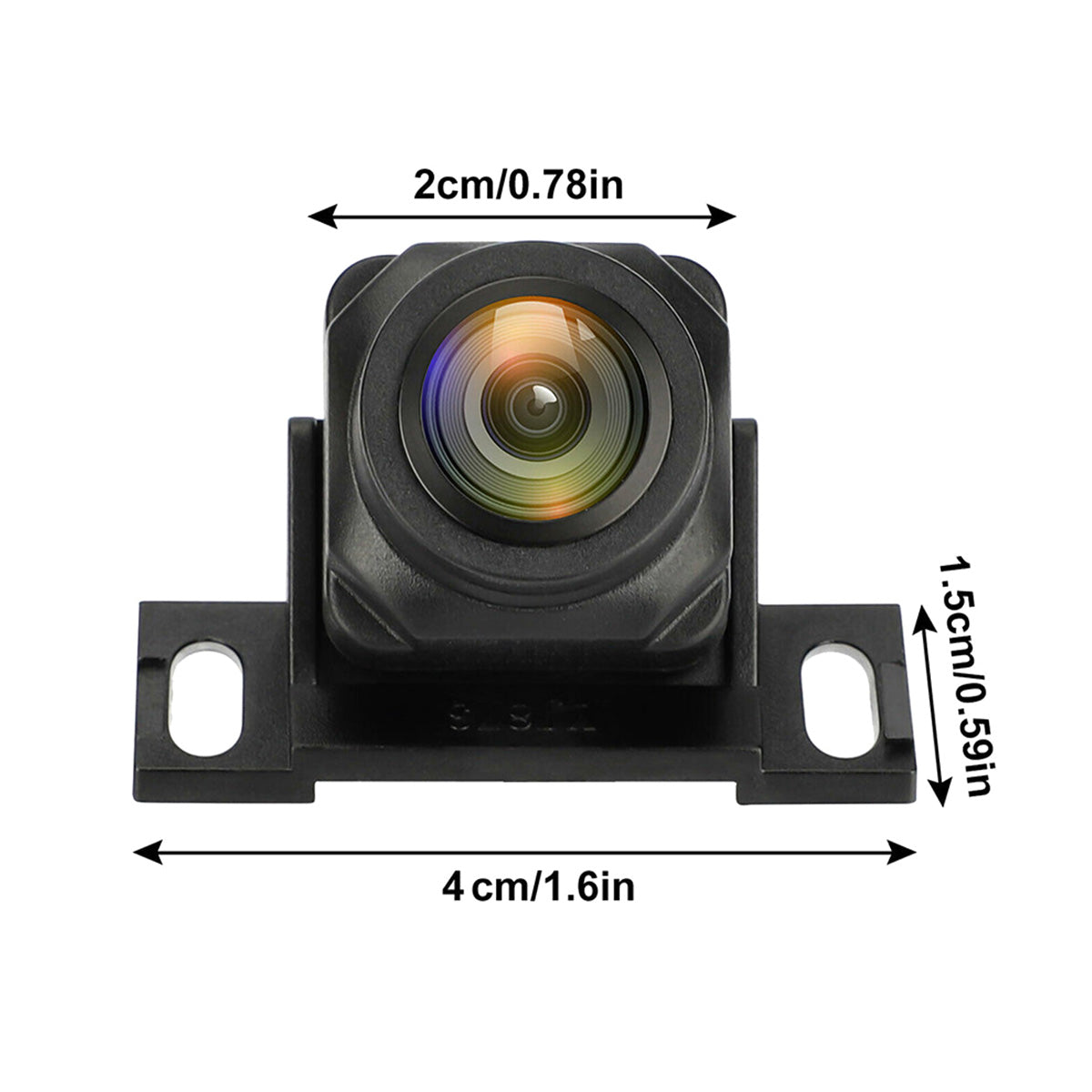 Black, compact vehicle reversing camera with a wide-angle lens, shown with dimensions in cm and inches.