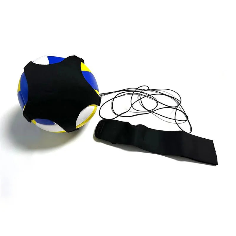 Blue, yellow and white volleyball with a black elastic tether and adjustable waist belt for solo training practice.