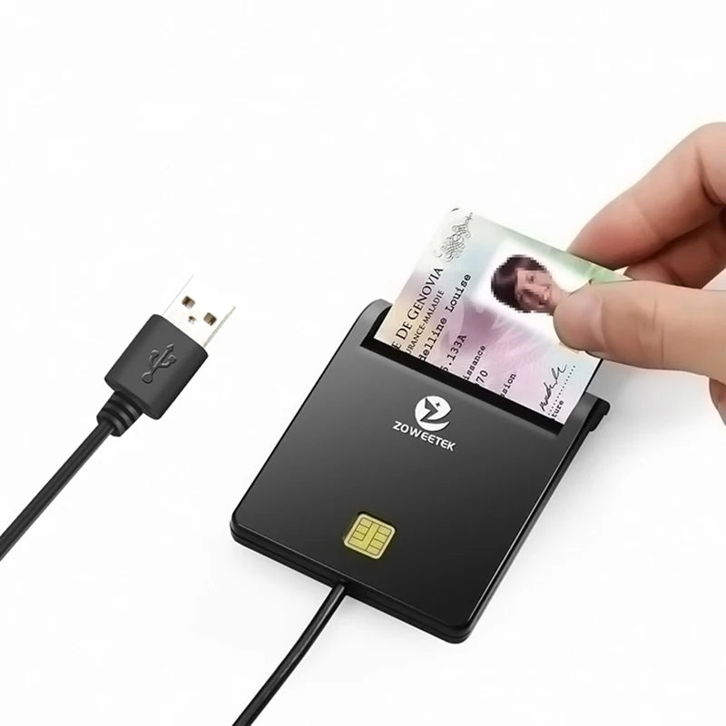 A black plastic USB smart card reader with a hand inserting an identification card, set against a white background.