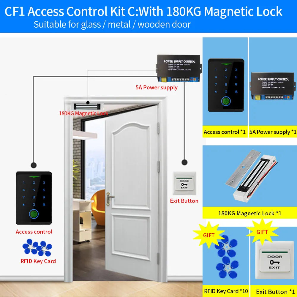 Access control kit with black keypad, silver 180kg magnetic lock, 5A power supply, white exit button and RFID cards.
