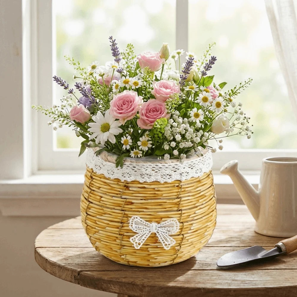 Rustic woven basket with lace trim and bow, filled with pink roses, daisies, and lavender on a wooden table.