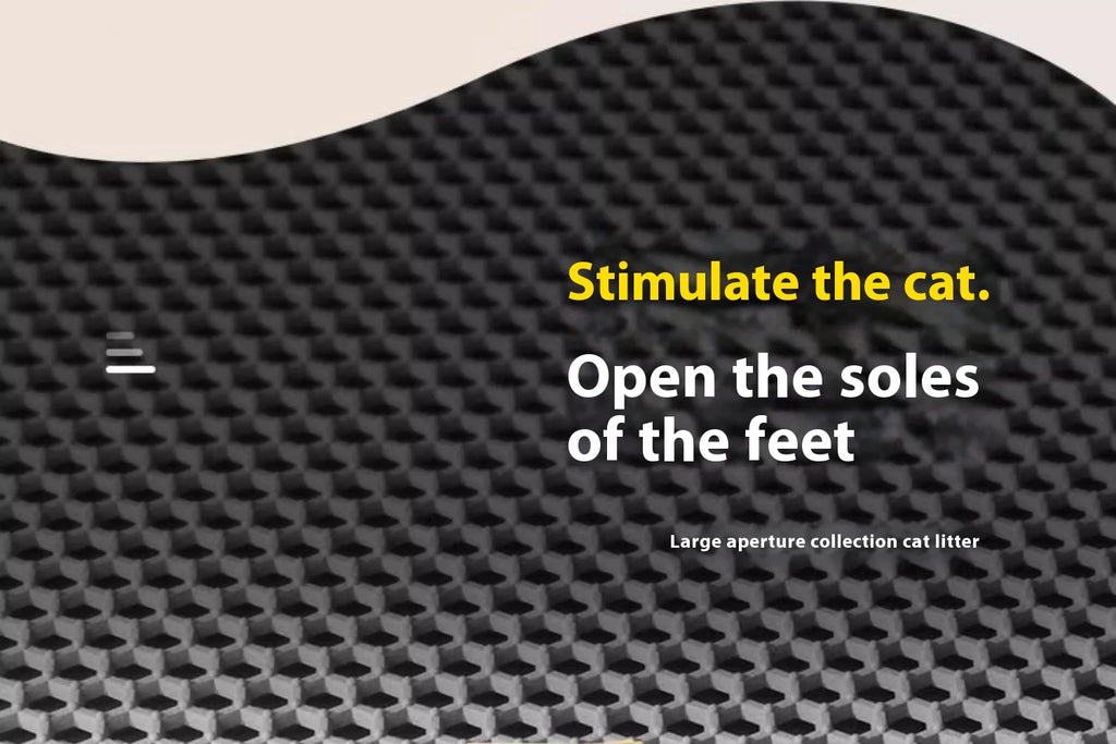 Black, heavy-duty waterproof cat litter mat featuring a honeycomb texture designed to trap and collect loose litter.