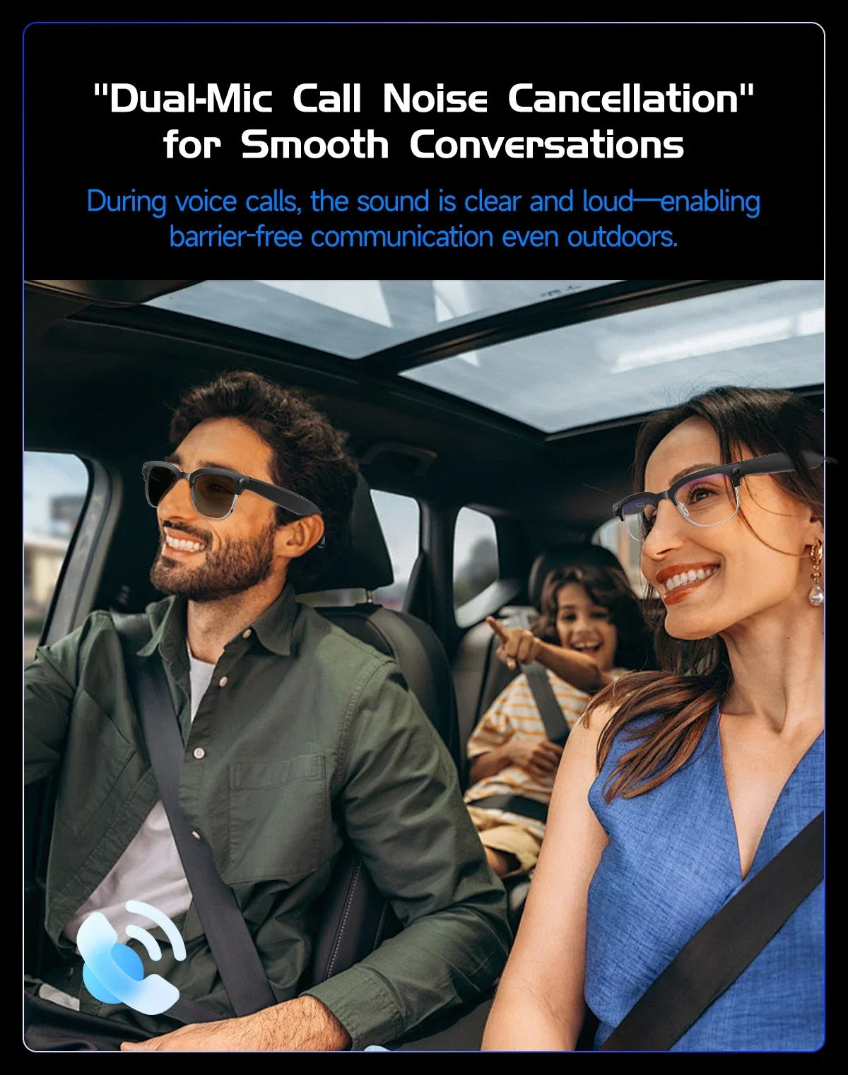 A man and woman wearing stylish black smart glasses in a car, highlighting dual-mic noise-cancelling technology.