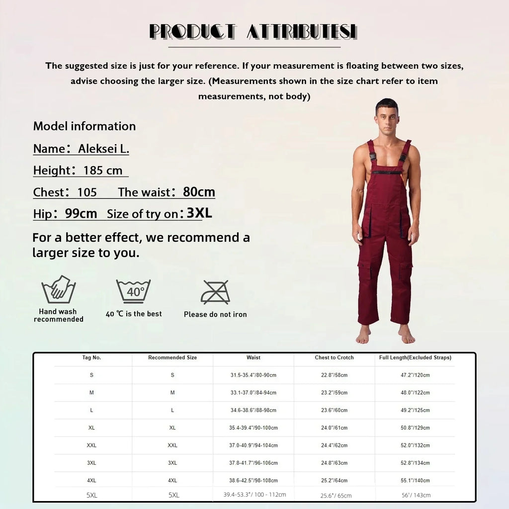 Dark red heavy-duty mechanic’s coveralls with adjustable shoulder straps and utility pockets, shown on a male model.