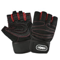 Black fingerless gym gloves with red stitching, honeycomb palm padding, and an adjustable wrist strap.