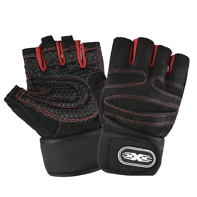 Black fingerless gym gloves with red stitching, honeycomb palm padding, and an adjustable wrist strap.