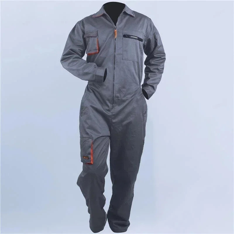 Grey cotton work coverall with a zip front, chest pockets, and orange accents on the pocket flaps.