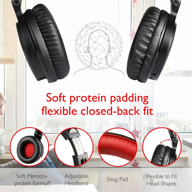 Black wireless headphones with soft memory-protein ear cups, an adjustable headband and flexible, closed-back design.