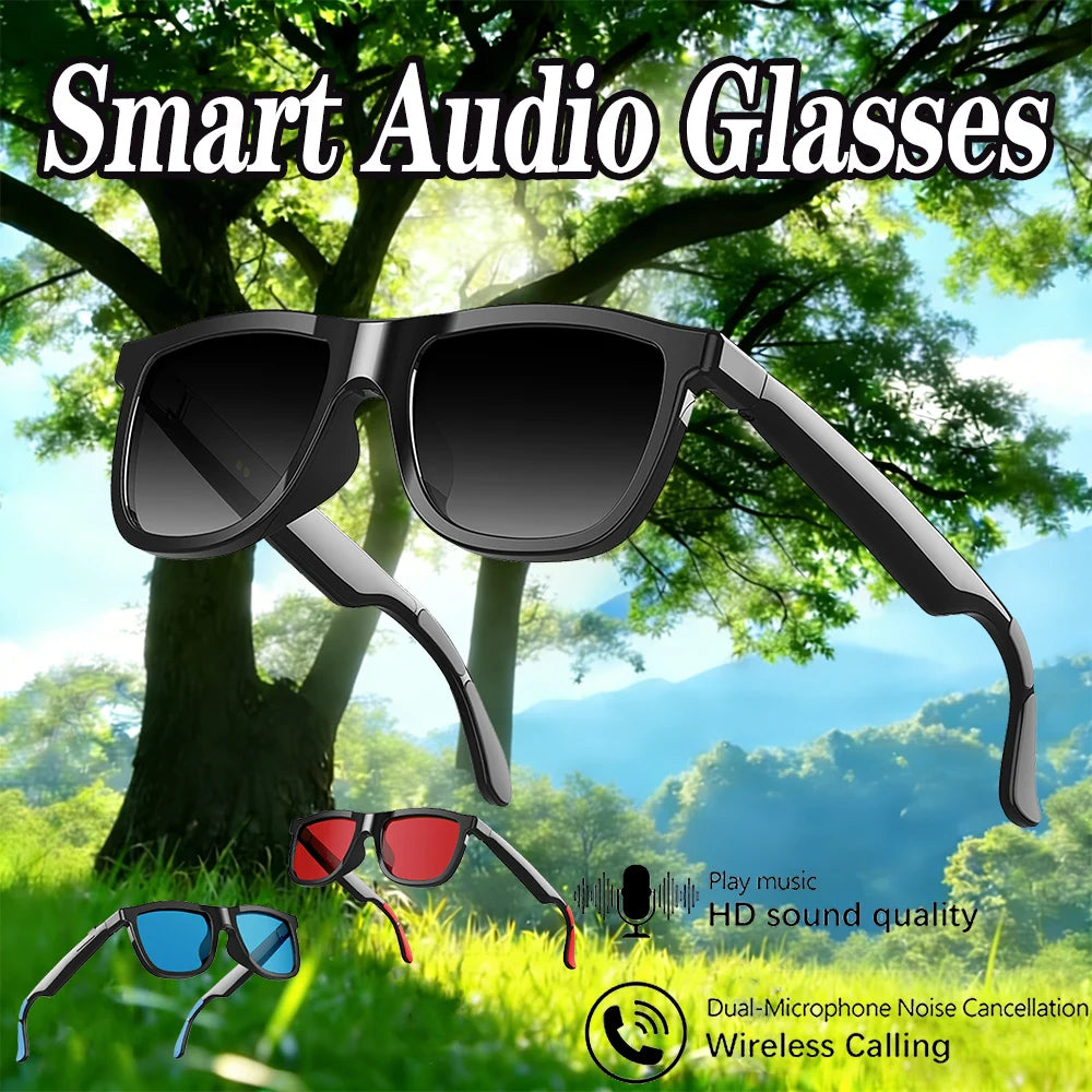 Black smart audio glasses with tinted lenses, featuring Bluetooth music, HD sound, and hands-free calling.