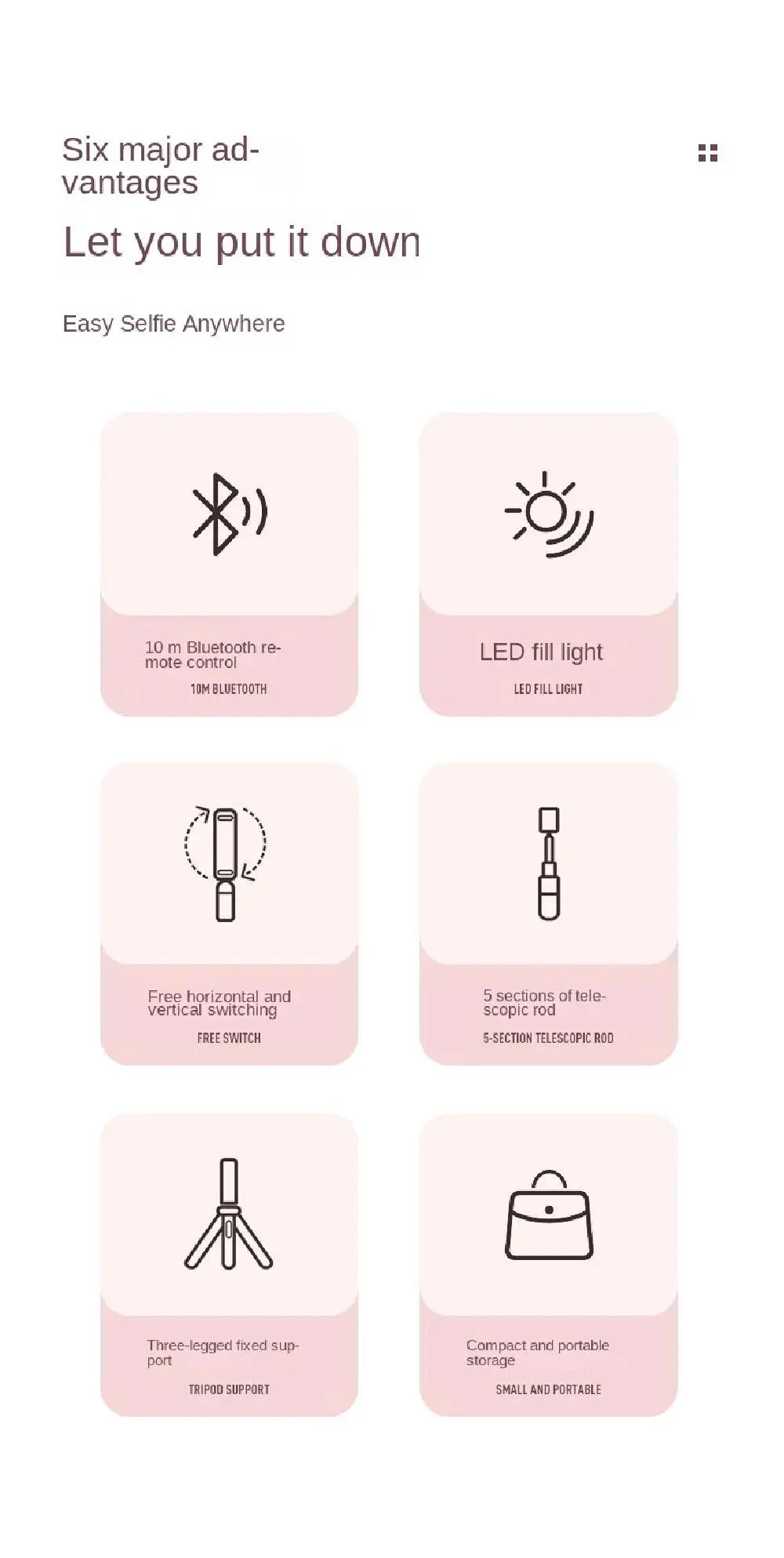 Infographic showing 6 features of a portable pink selfie stick tripod with Bluetooth, LED light, and extendable rod.