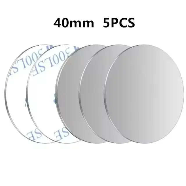 Five 40mm round, silver-colored adhesive metal discs with protective backing.