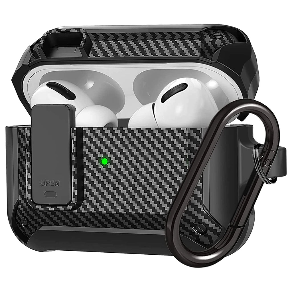 Black carbon fibre-style AirPods Pro case with locking latch and carabiner. Robust protective design.