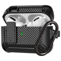 Black carbon fibre-style AirPods Pro case with locking latch and carabiner. Robust protective design.