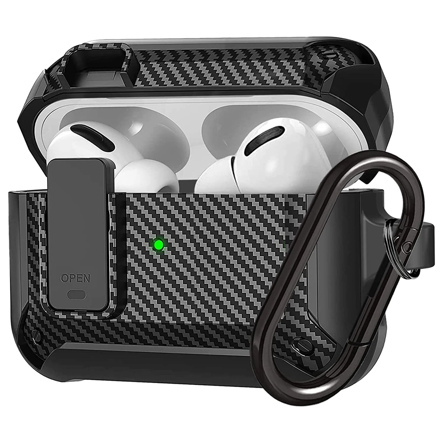 Black carbon fibre-style AirPods Pro case with locking latch and carabiner. Robust protective design.