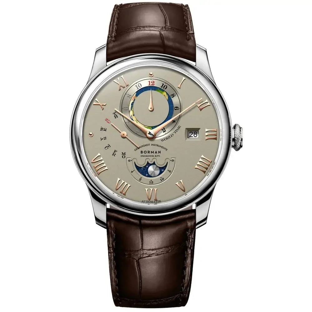 Mechanical men's watch with cream dial, brown leather strap, moon phase display, date window and world time sub-dial.