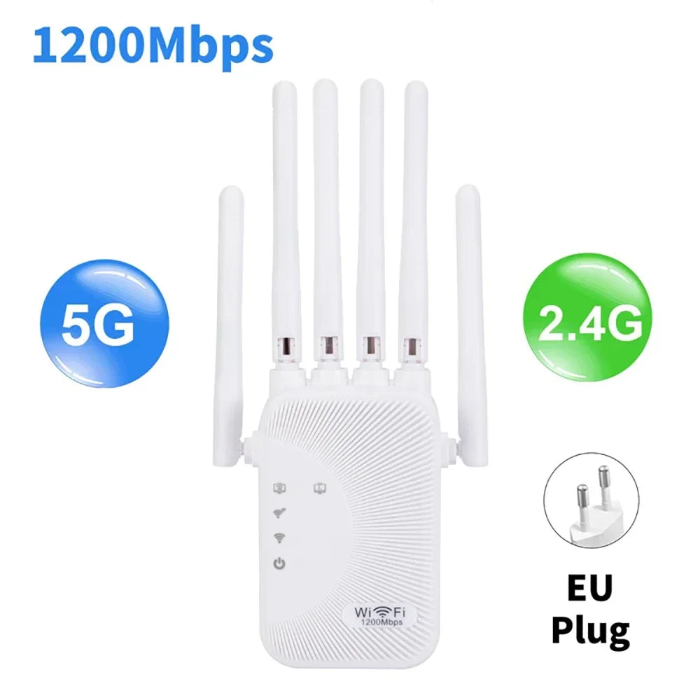 White 1200Mbps WiFi range extender with four antennas, dual-band 5G and 2.4G support, and an EU plug.